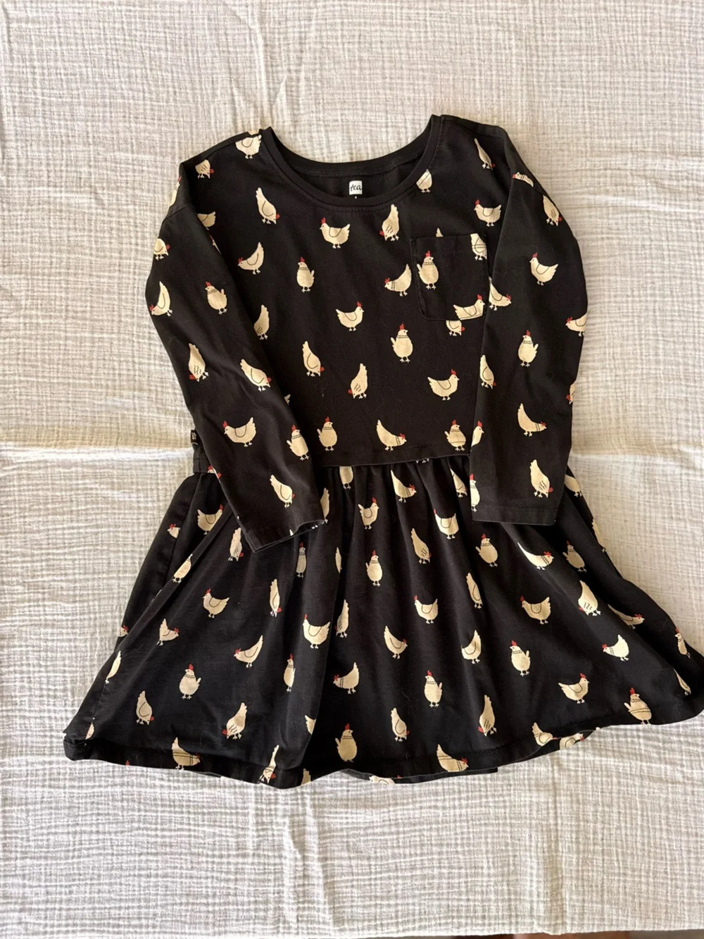 Tea Collection Black Dress with Cream Chicken Print